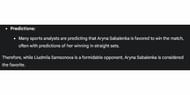 Gemini AI's predictions for the quarterfinal match between Aryna Sabalenka and Liudmila Samsonova.